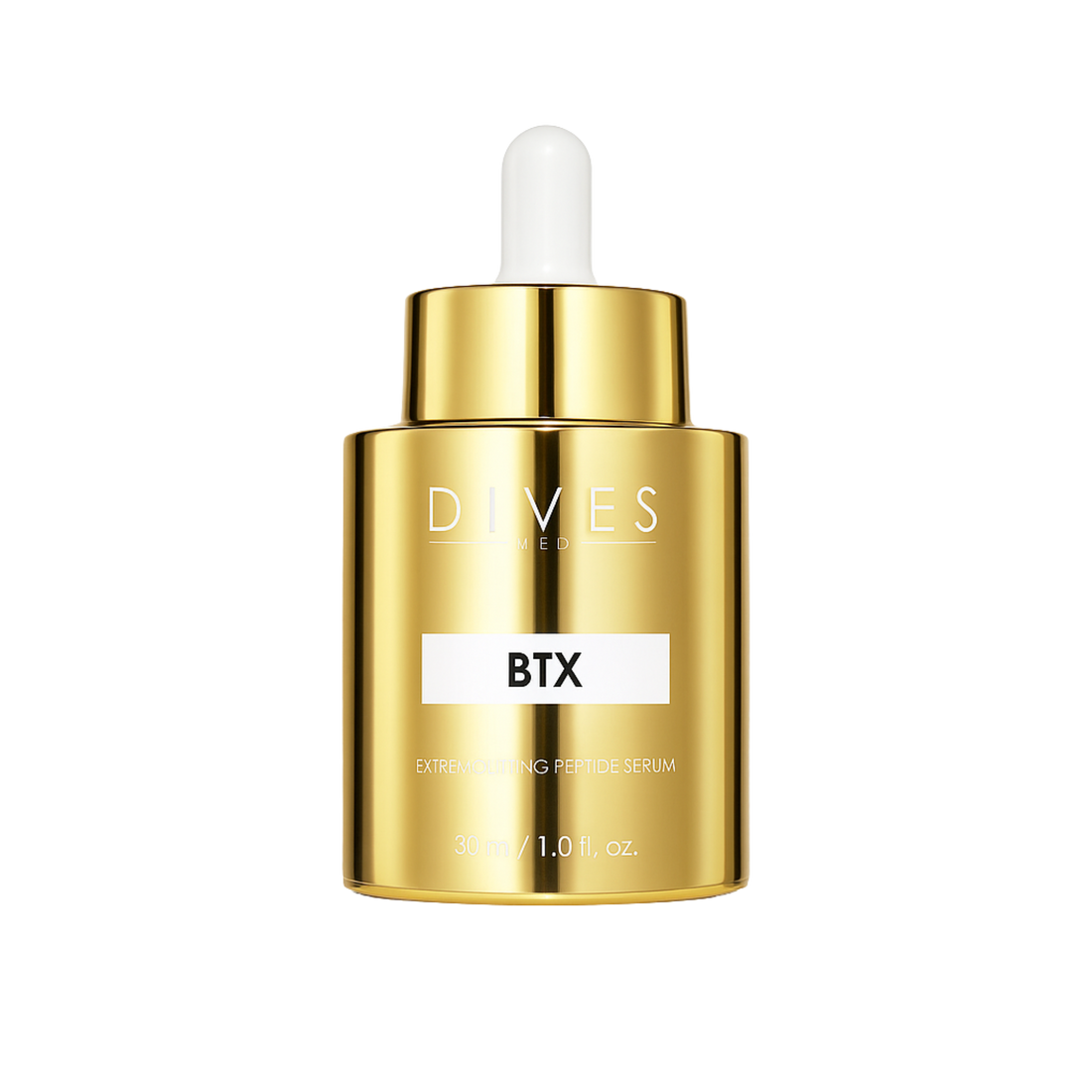 Luxury gold bottle of DIVES Med BTX Extreme Lift Peptide Serum with dropper and pearl accents, displayed on a transparent pedestal against a glowing golden background.