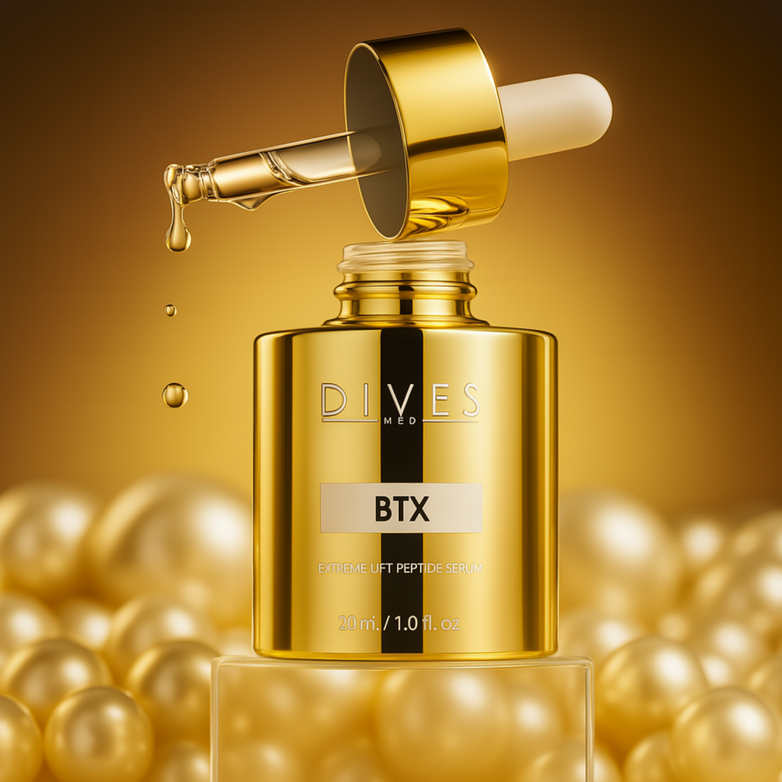 Dives Med Gold skincare serum bottle with dropper on a gold background