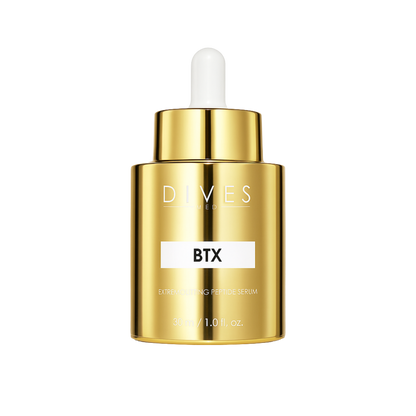 Luxury gold bottle of DIVES Med BTX Extreme Lift Peptide Serum with dropper and pearl accents, displayed on a transparent pedestal against a glowing golden background.
